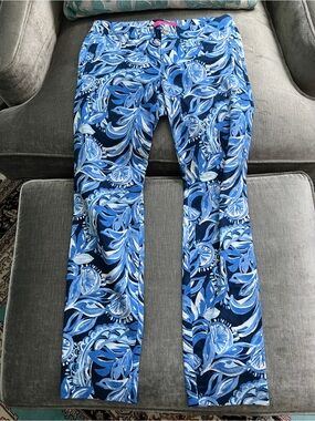 Lilly Pulitzer Kelly Skinny Ankle Pants Blue Floral Paisley Jacquard Size 6